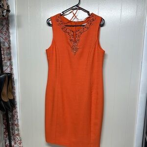 Sandra Darren Orange Sheath Midi Dress with Cutout Crew Neck